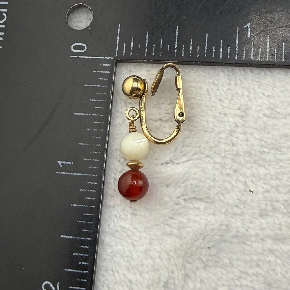 Vintage  Necklace Earring Set Red White Beaded Gold Tone 6mm 17